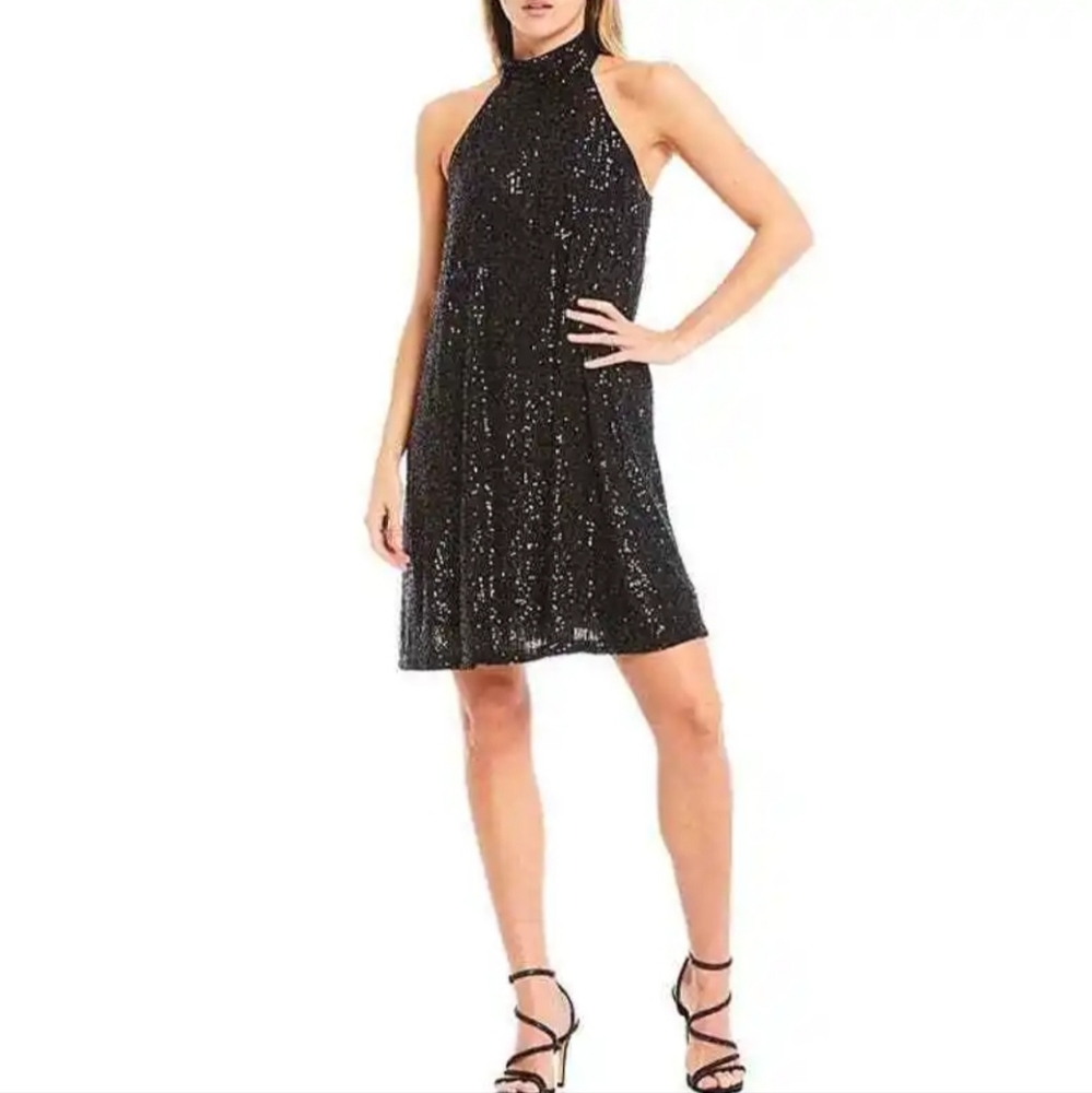 Belle Badgley Mischka Tara Halter Neck Black Sequin Mini Shift Dress Size 2 - Picture 1 of 9